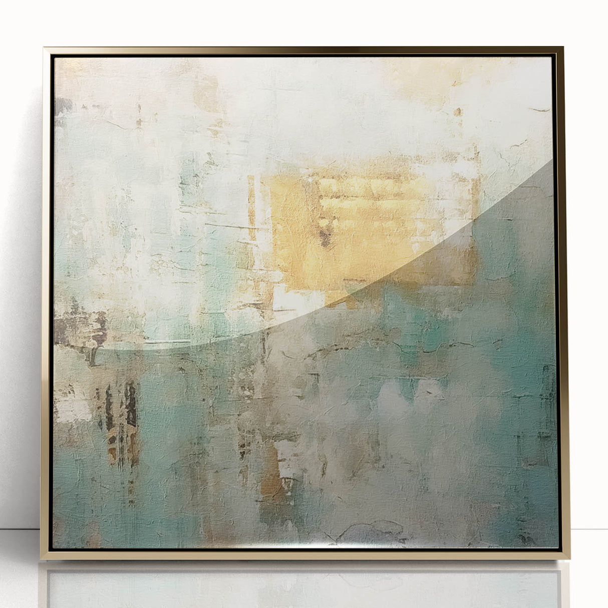 Framed abstract wall art featuring vibrant gold and black strokes, set against a sleek white background, perfect for modern home decor or office spaces.