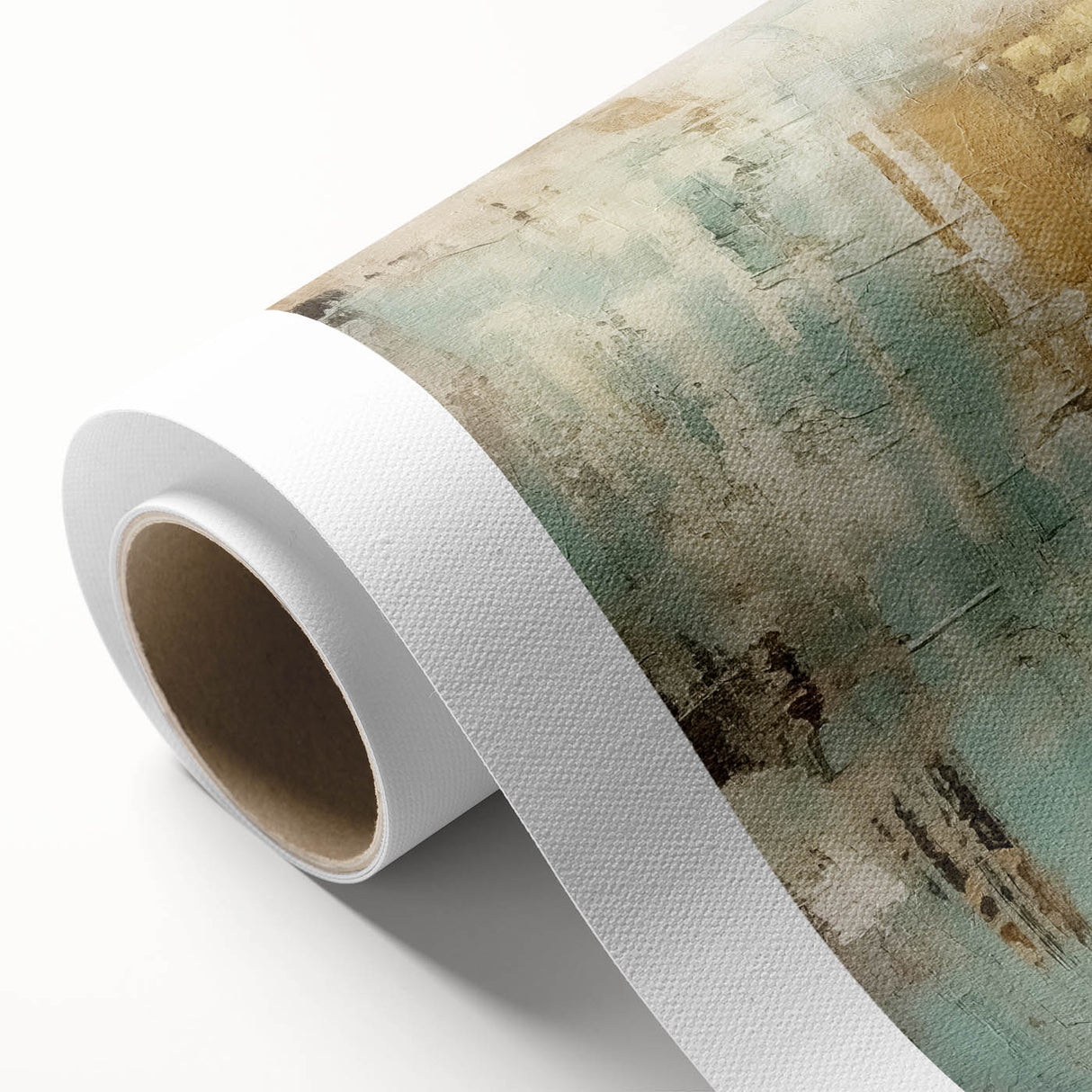 Abstract strokes wall art on rolled canvas, showcasing vibrant blue, orange, and yellow colors with a textured finish, ideal for modern home decor.