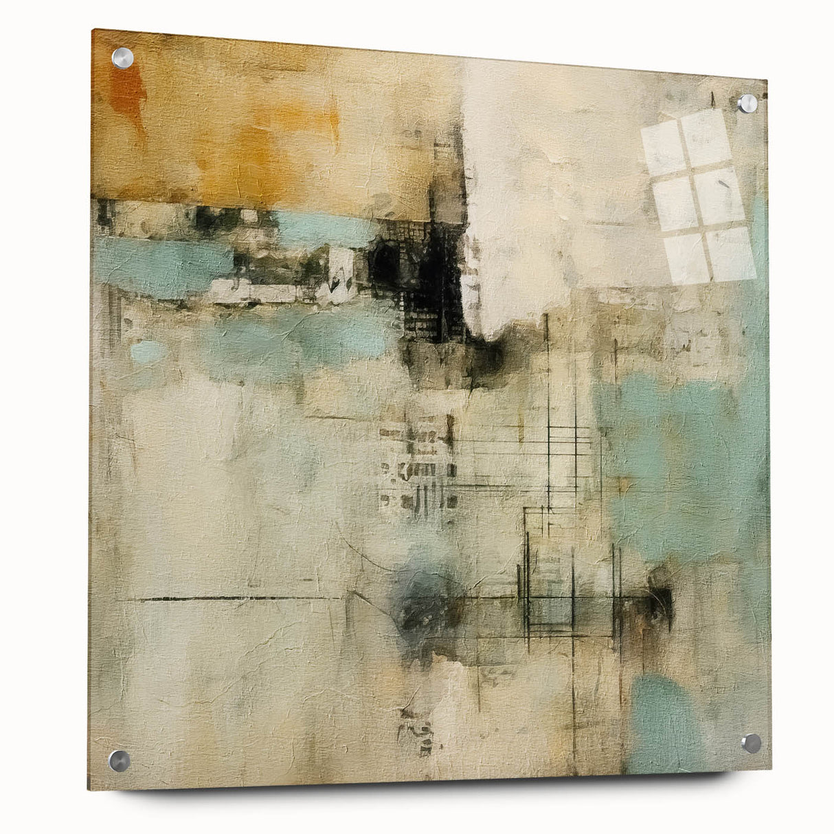 Abstract wall art print featuring vibrant strokes in shades of blue, yellow, and red, elegantly displayed in a side view with visible pins. Ideal for modern decor.