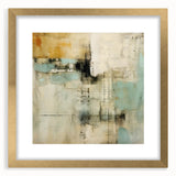 Abstract wall art featuring vibrant strokes in shades of blue, gold, and white, framed with a sleek gold mat, ideal for modern home decor and stylish interiors.