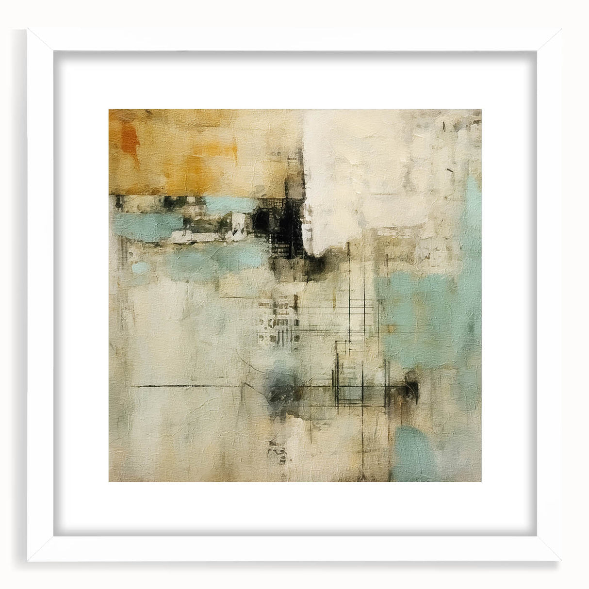 Abstract wall art with colorful strokes in a white frame, featuring a modern design. Ideal for contemporary decor, this piece enhances any living space with its vibrant hues and artistic flair.