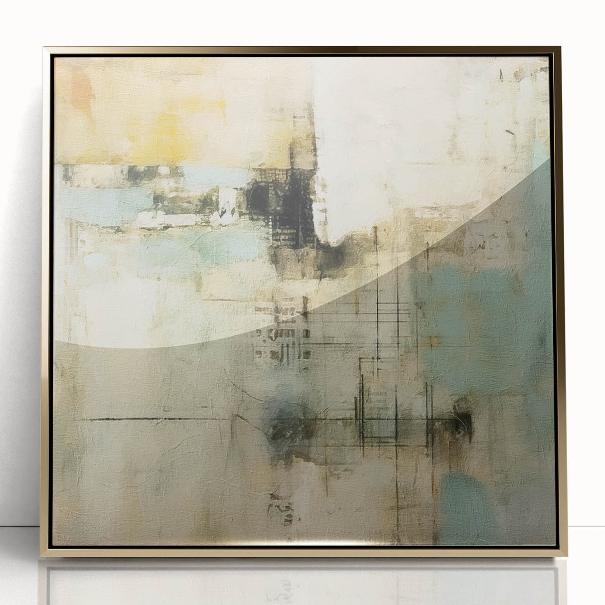 Framed acrylic wall art featuring abstract gold strokes on a white background, ideal for modern decor. Enhances any space with a touch of elegance.