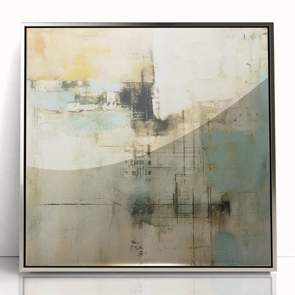 Framed abstract wall art featuring dynamic silver strokes on an acrylic background, perfect for modern home decor, adding elegance and sophistication to any room.