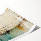 Abstract wall art print showcasing vibrant strokes in shades of blue, orange, and yellow, rolled and ready for display, perfect for modern decor.