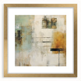 Abstract wall art featuring gold and black strokes in a sleek frame with matting, ideal for modern decor. Perfect for enhancing contemporary spaces.