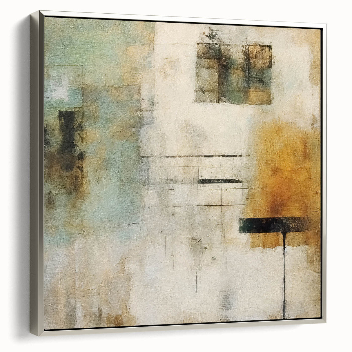 Framed canvas wall art displaying abstract strokes in silver tones, showcasing a modern artistic design. The side view highlights the sleek frame and textured surface, perfect for contemporary decor.