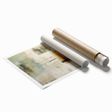 Abstract wall art print showcasing vibrant strokes in shades of blue, pink, and gold, designed for modern decor, rolled for convenient transport and display.