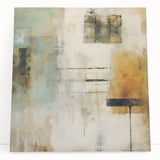 Abstract strokes wall art on stretched canvas, showcasing vibrant colors of blue, pink, and gold hues, leaning against a light wall, perfect for modern decor.