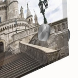 Close-up of a stunning acrylic landscape artwork showcasing a medieval castle surrounded by lush greenery, with intricate details and vibrant colors emphasizing its majestic beauty. This piece enhances any home decor, perfect for art enthusiasts.