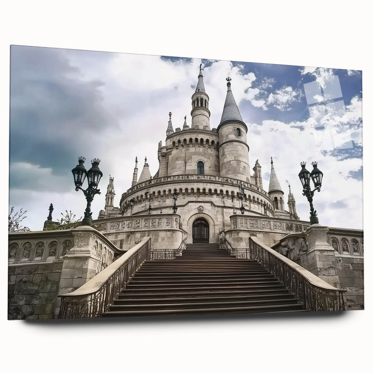 Elegant acrylic glass artwork showcasing a breathtaking side view of a majestic castle set against a vibrant landscape, perfect for home decor and art enthusiasts.