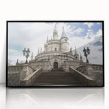 Framed acrylic artwork showcasing a stunning landscape with a majestic castle, set against a vibrant sky. The piece features a sleek black frame that enhances the overall aesthetic, perfect for home decor enthusiasts looking to elevate their living space with a touch of elegance and historical charm.