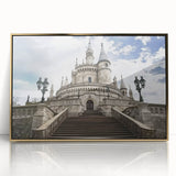 Framed acrylic artwork showcasing a picturesque landscape with a majestic castle, accented by a luxurious gold frame, ideal for home decor enthusiasts.