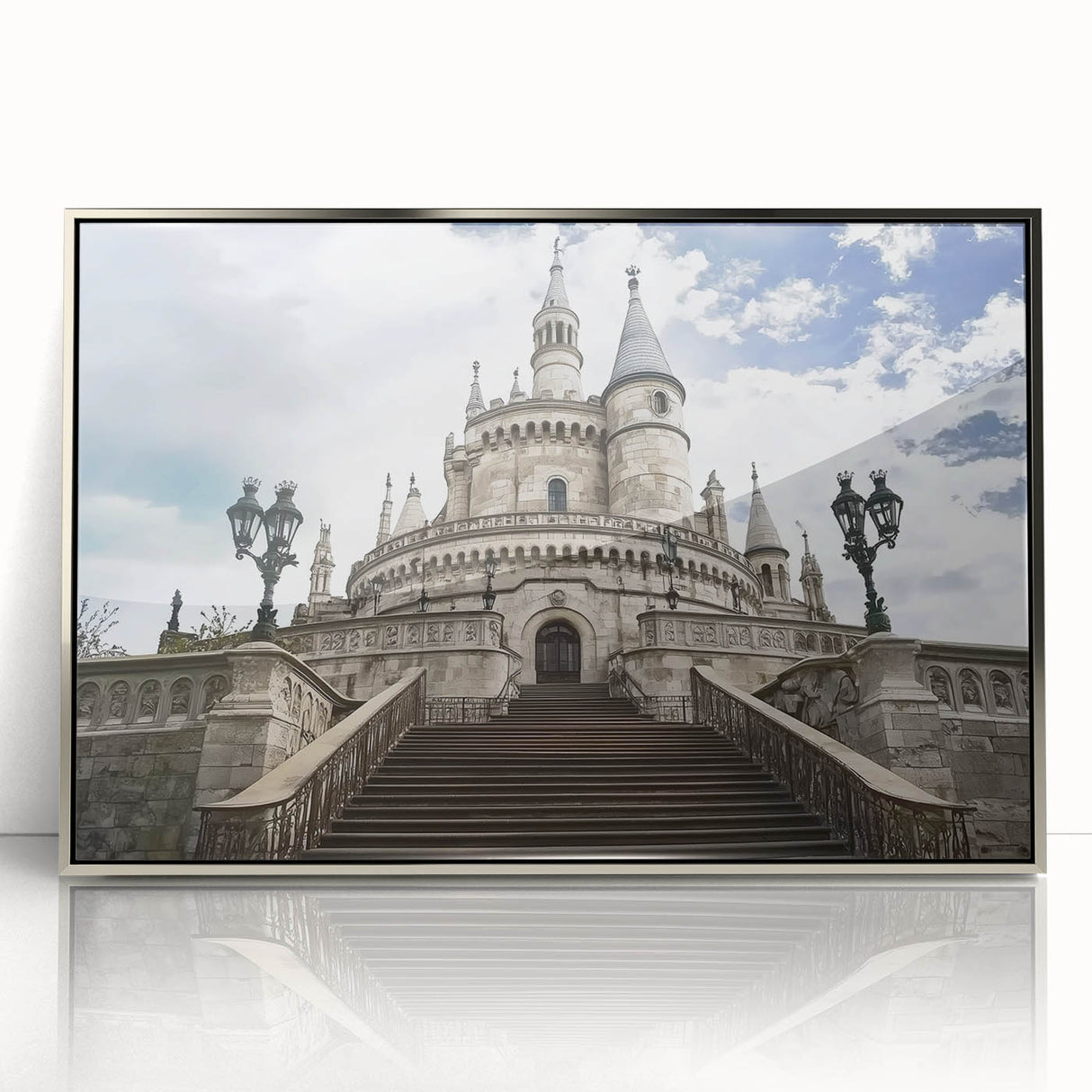 Framed acrylic artwork showcasing a stunning landscape with a majestic castle, set against a silver-toned background, perfect for home decor.