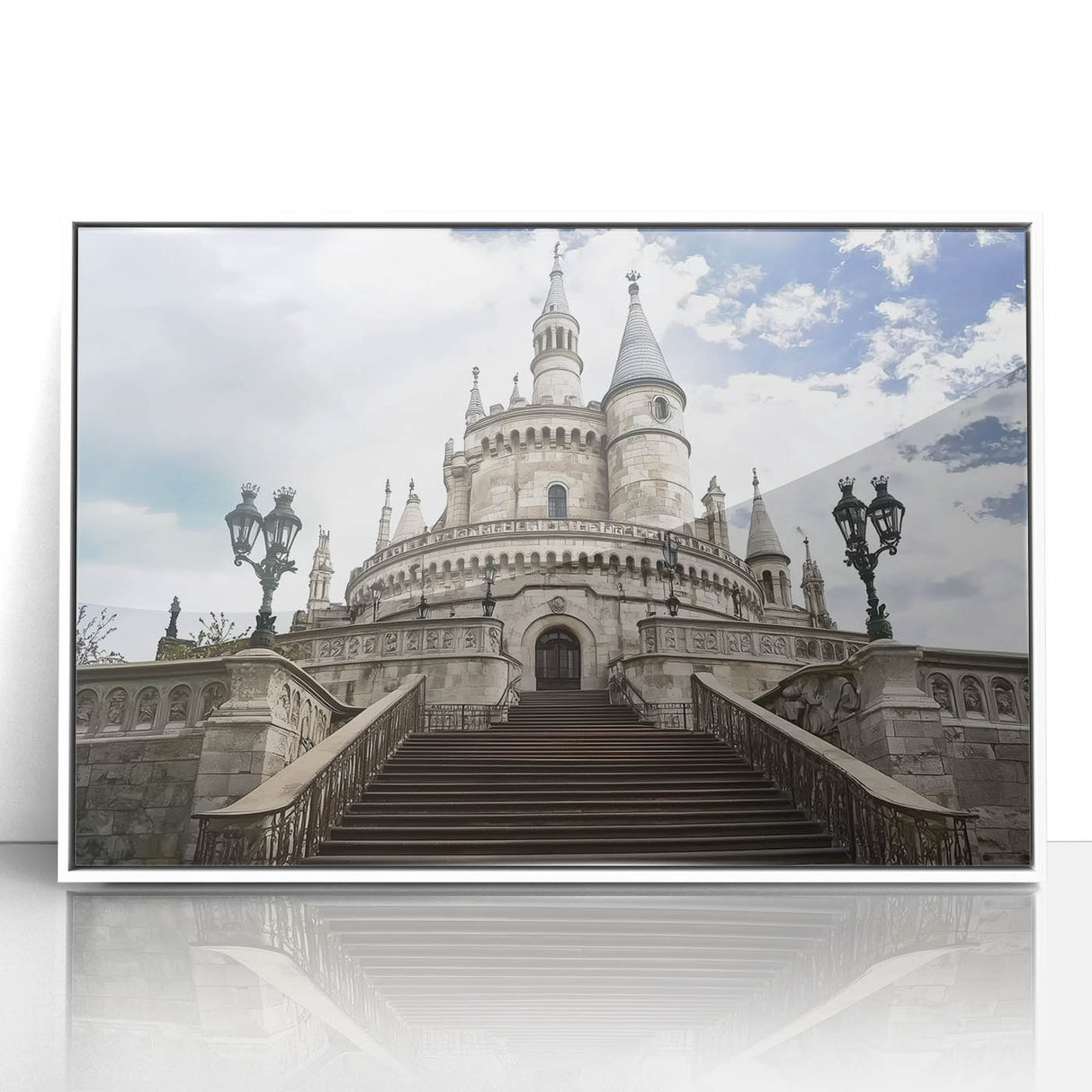 Framed acrylic artwork showcasing a picturesque landscape with a majestic castle, set against a vibrant sky. The white frame adds a modern touch, enhancing any decor.