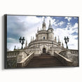 Framed canvas artwork showcasing a stunning landscape of a castle, displayed in a sleek black frame. Ideal for home decor, blending classic elegance with modern style.