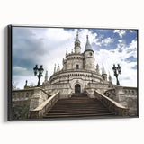 Framed canvas artwork showcasing a stunning landscape of a castle, displayed in a sleek black frame. Ideal for home decor, blending classic elegance with modern style.