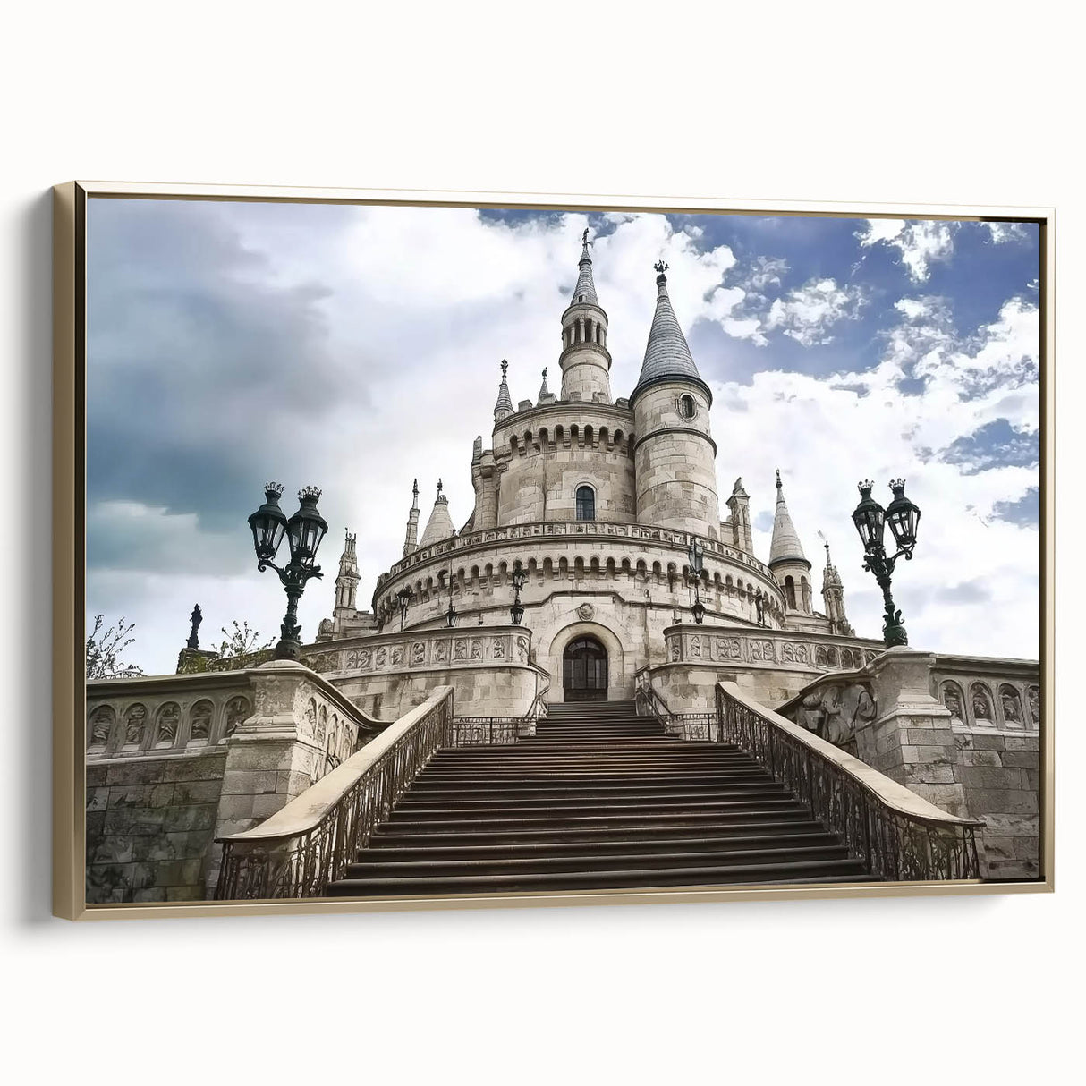 Framed canvas artwork showcasing a detailed landscape of a majestic castle surrounded by lush greenery, set in a gold frame that enhances its elegance. The side view highlights the texture and quality of the canvas, perfect for home decor enthusiasts seeking classic art pieces.