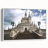Framed canvas artwork showcasing a picturesque landscape with a majestic castle, presented in a sleek white frame, perfect for enhancing home decor.