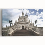 Stretched canvas artwork depicting a majestic landscape with a medieval castle surrounded by lush greenery, ideal for home decor. The vibrant colors and intricate details enhance any living space, making it a perfect focal point for art lovers.