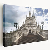 Side view of a stretched canvas showcasing a stunning landscape with a medieval castle, featuring vibrant colors and intricate details, perfect for home decor.