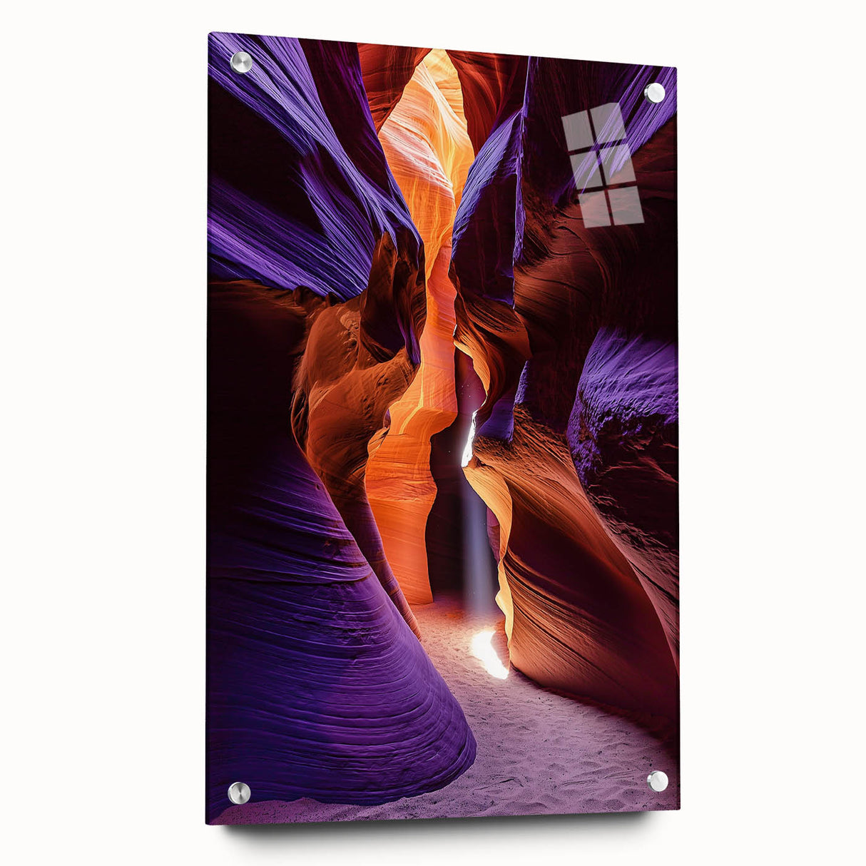 Acrylic glass artwork depicting a stunning landscape with intricate cave formations, showcased from a side view and secured with decorative pins, enhancing the visual appeal.