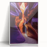 Framed acrylic artwork depicting a stunning cave landscape in vibrant colors, featuring intricate details and a sleek white frame, perfect for modern home decor.