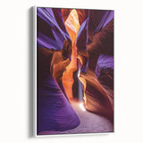Framed canvas artwork showcasing a stunning landscape with intricate cave details, presented in a white frame, ideal for modern home decor and art enthusiasts.
