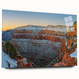 Acrylic glass landscape artwork depicting dramatic cliffs under a vibrant sunset sky, showcasing rich colors and textures, ideal for modern home decor.