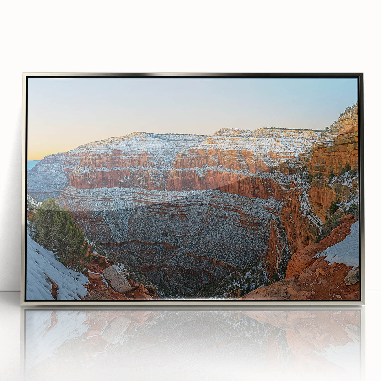 Framed acrylic print showcasing a stunning cliff landscape with vibrant colors and intricate details, perfect for enhancing modern home decor.