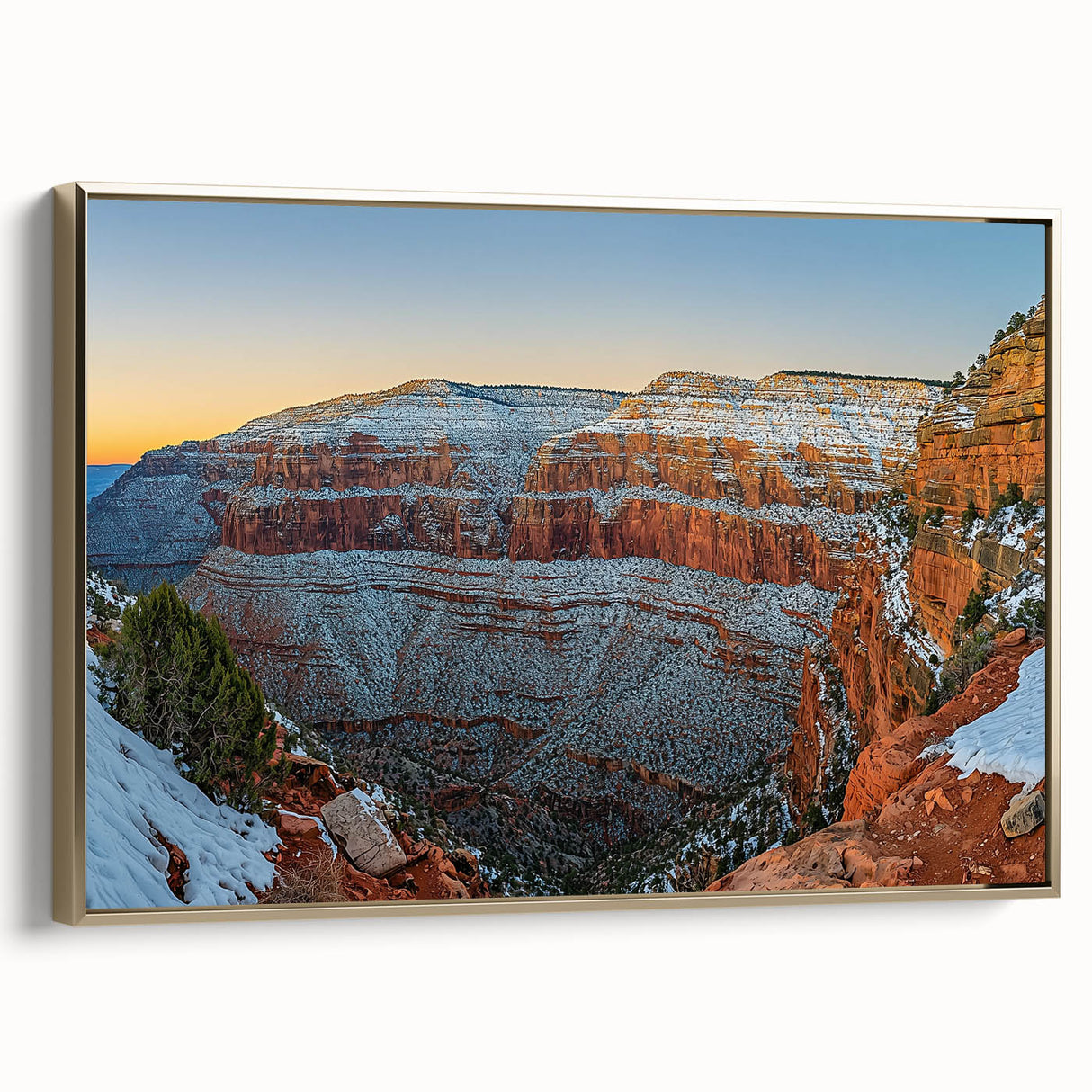 Framed canvas artwork depicting a serene landscape of cliffs and ocean waves, featuring a gold border. Ideal for modern home decor and art enthusiasts.