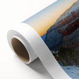 Stunning rolled canvas artwork showcasing a vibrant landscape of cliffs against a clear blue sky, perfect for home decor and interior design enthusiasts.