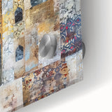 Close-up view of abstract architecture wall art printed on acrylic glass, showcasing dynamic geometric patterns and vibrant colors, perfect for modern decor.