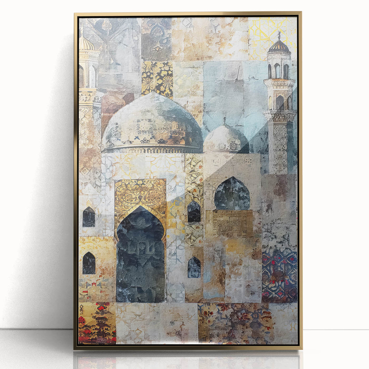 Framed abstract architecture wall art in gold and black colors, showcasing modern design elements, perfect for contemporary home decor.