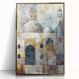 Framed abstract architecture wall art in gold and black colors, showcasing modern design elements, perfect for contemporary home decor.