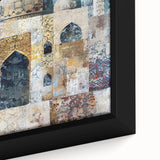 Close-up of an abstract architectural wall art piece featuring intricate geometric patterns and vibrant colors, framed for display in modern interiors.