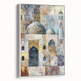 Framed canvas wall art showcasing an abstract architectural design with geometric shapes in white and gray tones, ideal for modern home decor.