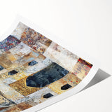 Abstract architecture wall art print showcasing geometric shapes in vibrant colors, rolled and ready for display, highlighting modern design elements.