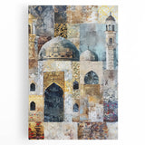 Abstract architectural wall art featuring geometric shapes and vibrant colors on a stretched canvas, perfect for modern home decor and artistic interiors.