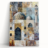 Abstract architectural wall art on stretched canvas, showcasing geometric shapes and vibrant colors, leaning against a wall, perfect for modern decor.