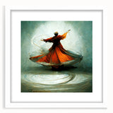 Abstract figurative wall art framed with a white mat, showcasing vibrant colors and dynamic shapes, perfect for modern home decor or art enthusiasts.