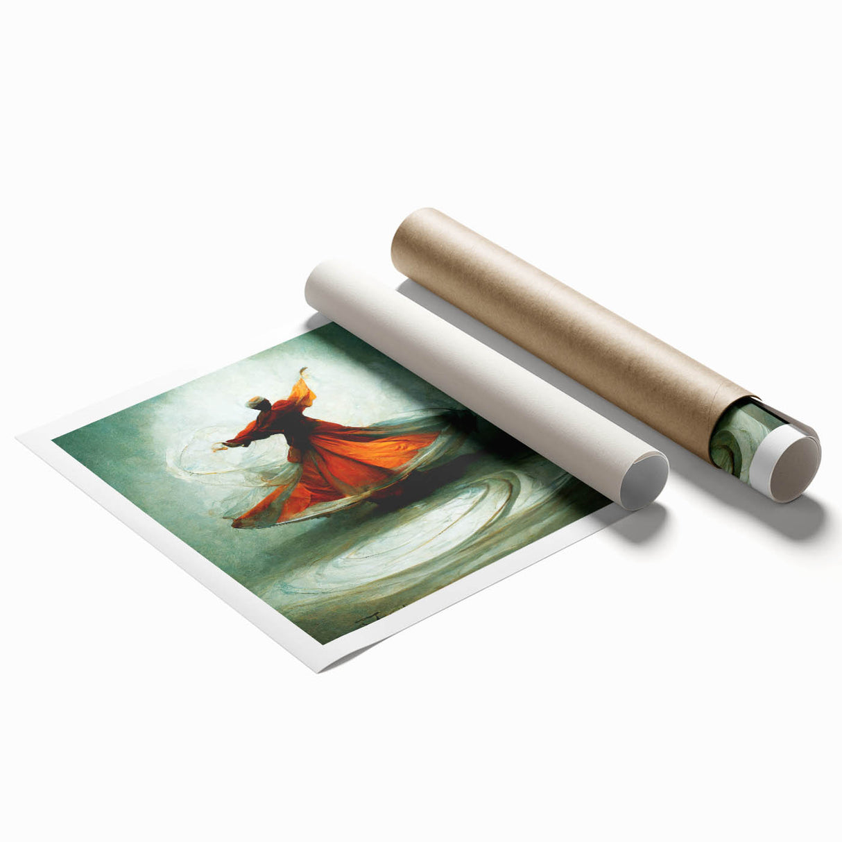 Abstract figurative wall art print showcasing vibrant colors and dynamic shapes, rolled and ready for display, highlighting modern artistic expression in home decor.