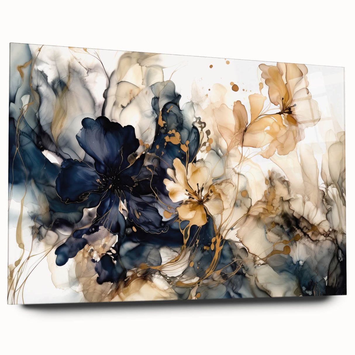 Abstract floral wall art design displayed in an acrylic glass frame, showcasing vibrant colors and intricate details, perfect for modern home decor.