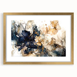 Abstract floral wall art in a gold frame with a mat, showcasing vibrant colors and intricate designs, perfect for enhancing modern home decor. Ideal for living rooms or galleries.