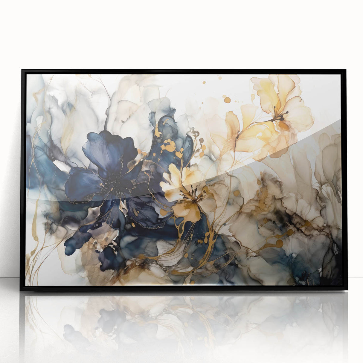 Framed acrylic wall art featuring abstract floral designs in vibrant colors, set against a sleek black background, ideal for modern home decor.