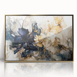 Framed wall art showcasing an abstract floral design in vibrant colors with gold accents, perfect for enhancing contemporary home decor. The acrylic frame adds elegance and modernity, making it an ideal choice for living rooms or offices.