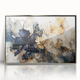 Framed acrylic wall art featuring abstract floral designs in vibrant colors, set in a sleek silver frame, perfect for modern home decor and artistic interiors.