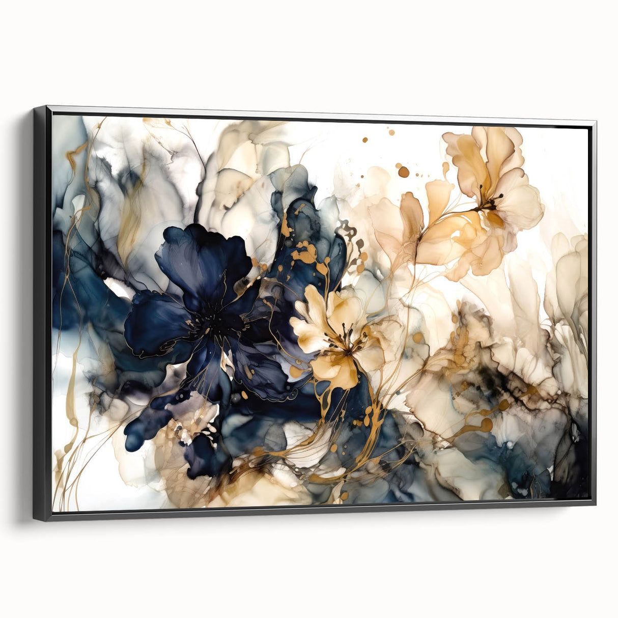 Framed wall art featuring an abstract floral design in vibrant colors, displayed from a side view, highlighting the black frame and textured canvas surface, perfect for modern home decor.