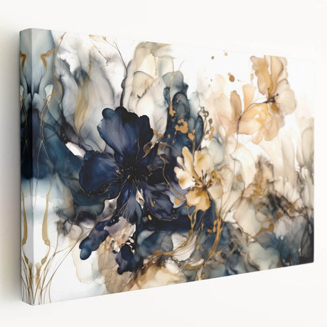 Abstract floral wall art on a stretched canvas, showcasing vibrant colors and intricate patterns, displayed in a side view emphasizing its depth and texture. Ideal for modern home decor or art enthusiasts looking to enhance their interior space.