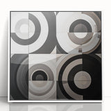 Framed acrylic artwork showcasing an abstract geometric design in vibrant colors, set against a white background, ideal for modern home decor.