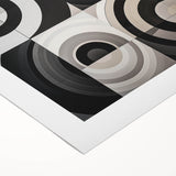 Abstract geometric rolled canvas art in vibrant colors, featuring bold shapes and lines, elegantly displayed in a protective cardboard tube for easy storage.